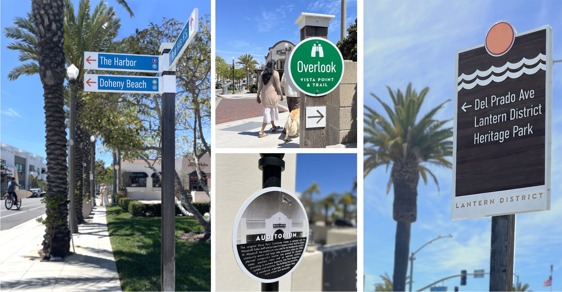 Aerial view of the Dana Point Harbor, with photos of several signs, including a directional to the coastal overlook and a interpretive sign for a historic building