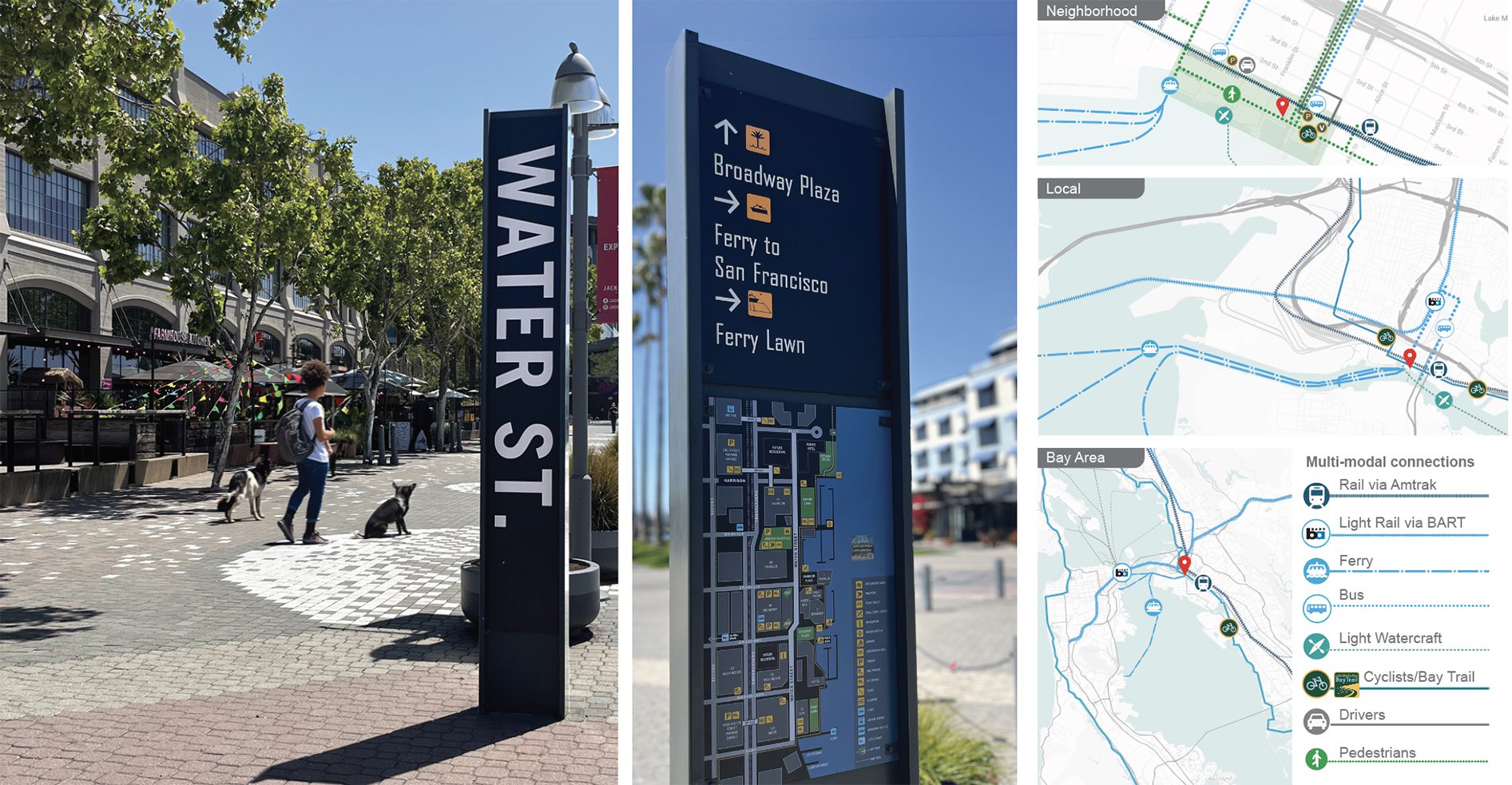 Aerial view of the Dana Point Harbor, with photos of several signs, including a directional to the coastal overlook and a interpretive sign for a historic building