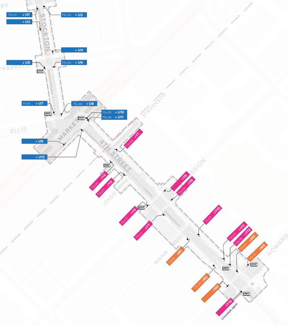 Technical drawing of a sign location with color-coded flags based on neighborhood designation. Blue for Uniosn Sq, Pink for Yerba Buena, Orange for the Moscone Convention Center.